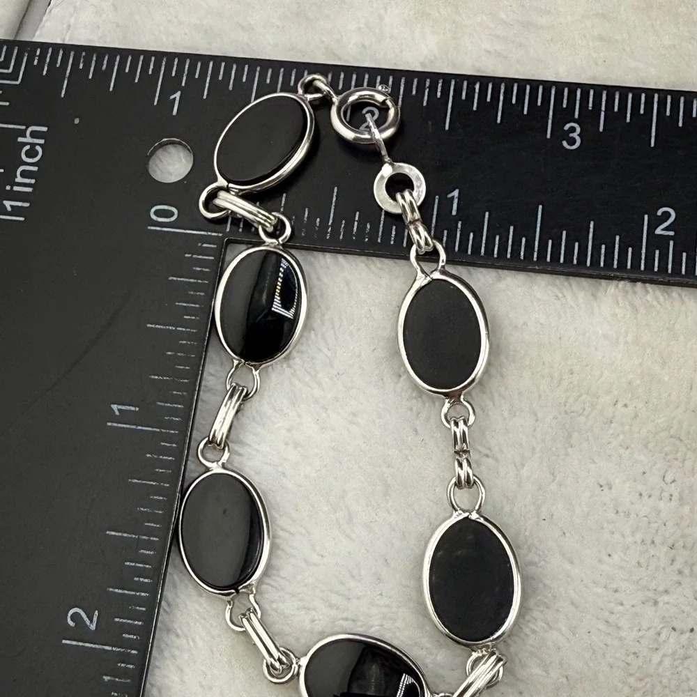 Vintage Sterling Silver Link Bracelet Signed LF Black Polished Stone  7